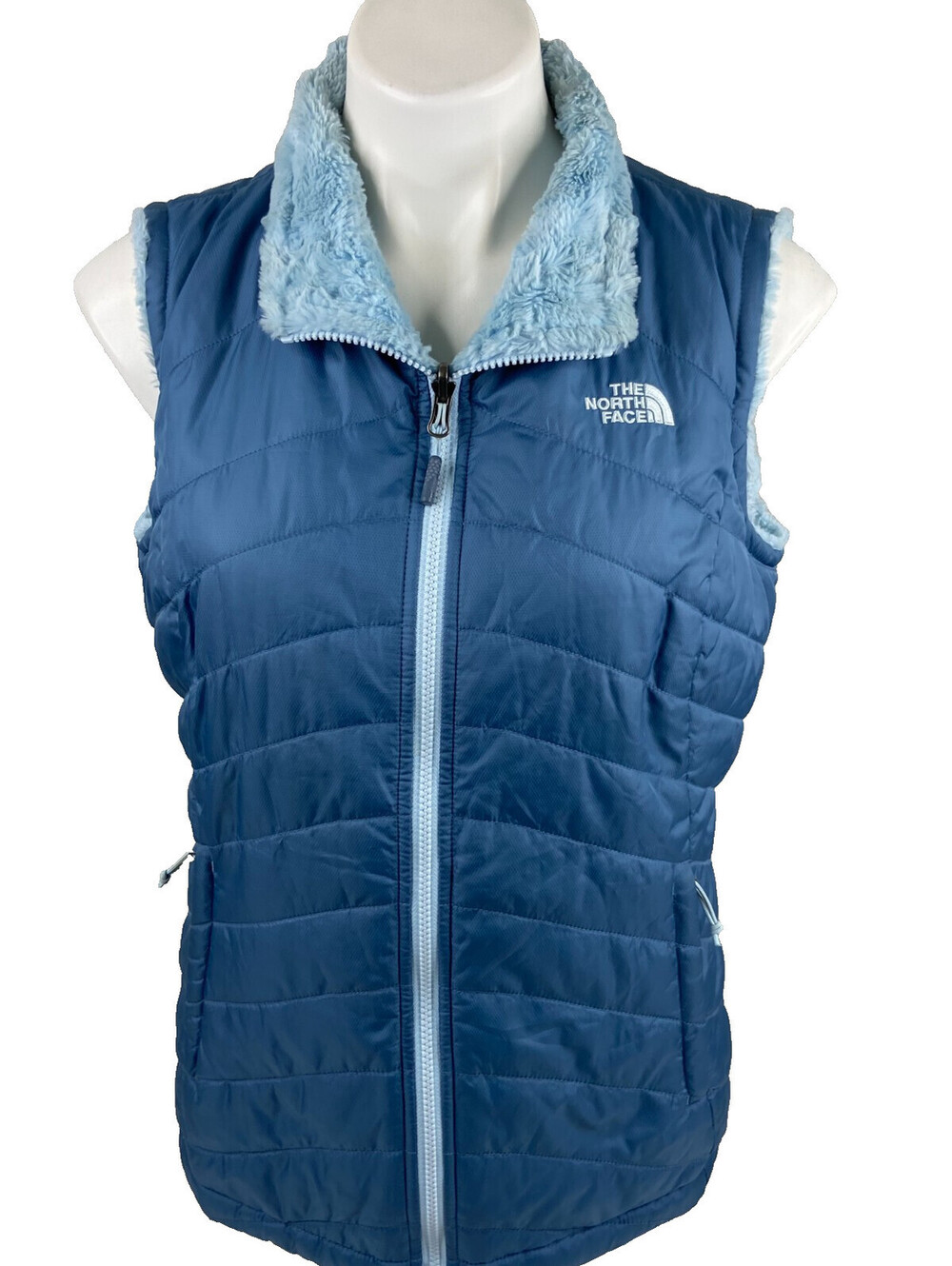 The North Face Women Large Blue Faux Fur Quilted Puffer Vest Reversible Cujo